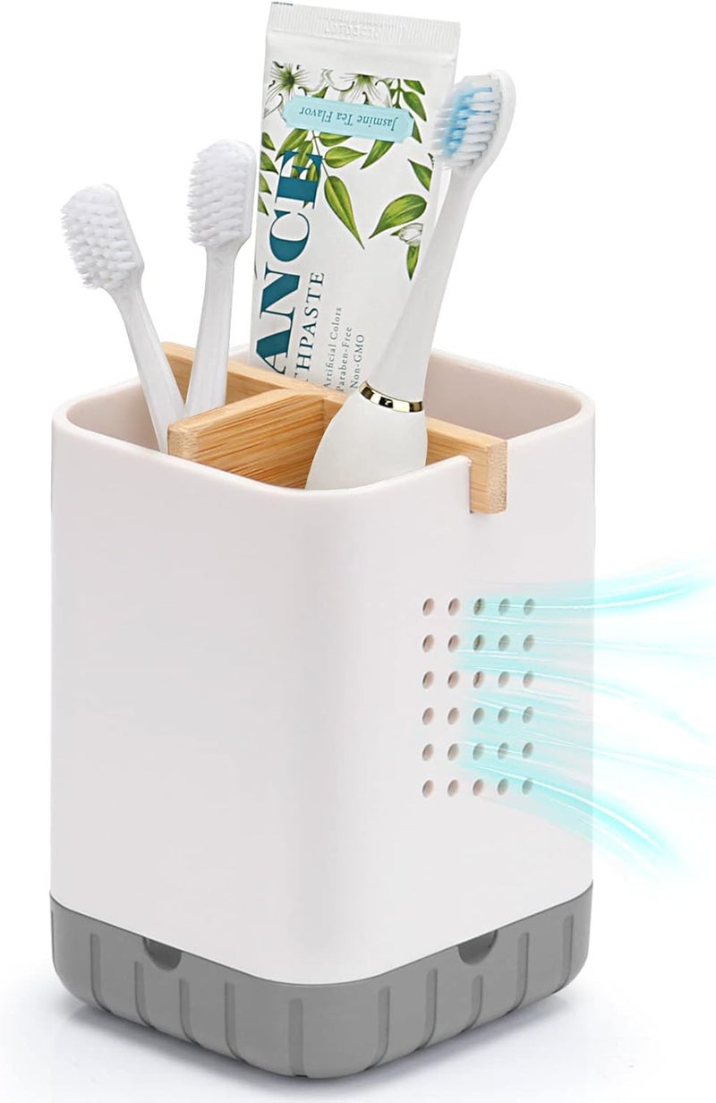 Boperzi Toothbrush and Toothpaste Holder with Bamboo Divider for Bathroom Countertop Organizer, Plastic Detachable Anti-Slip Large Electric Toothbrush Holders Storage Caddy Drainage for Family, Kids - Image 1